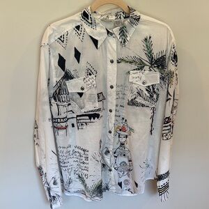 Chico's White Button-Down Shirt with Black & Green Illustrative Print